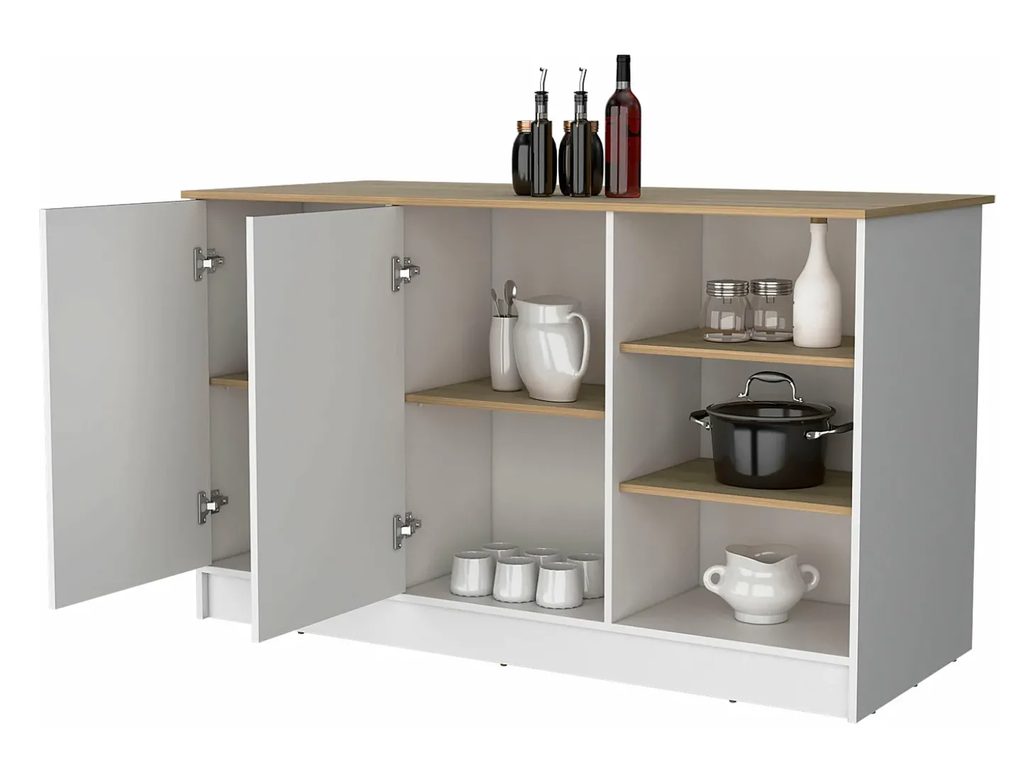 Ilha de cozinha Ginger em melamina com 7 prateleiras e 2 portas, multicolor, 90.6 cm X 150 cm X 67 cm
