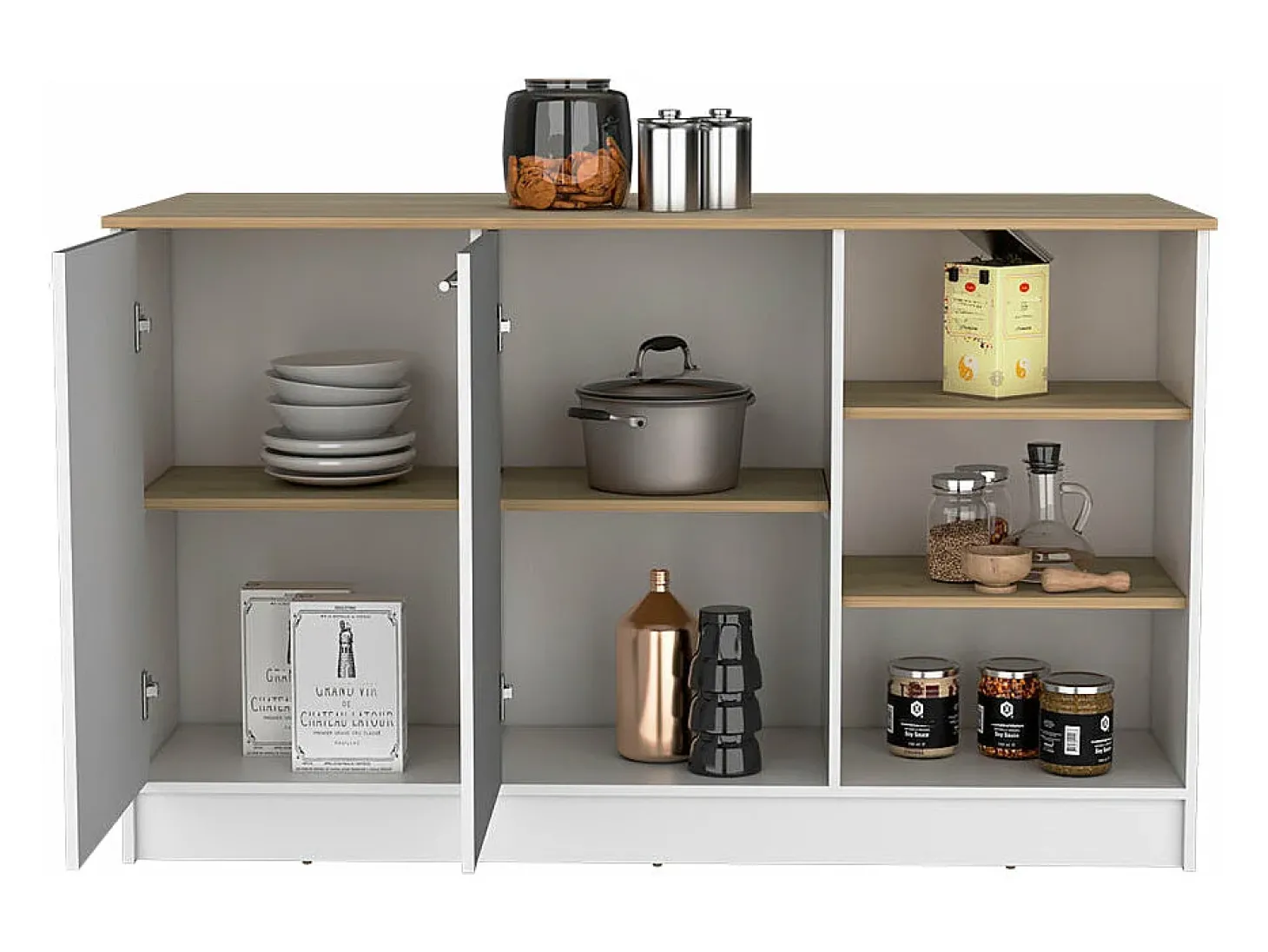Ilha de cozinha Ginger em melamina com 7 prateleiras e 2 portas, multicolor, 90.6 cm X 150 cm X 67 cm