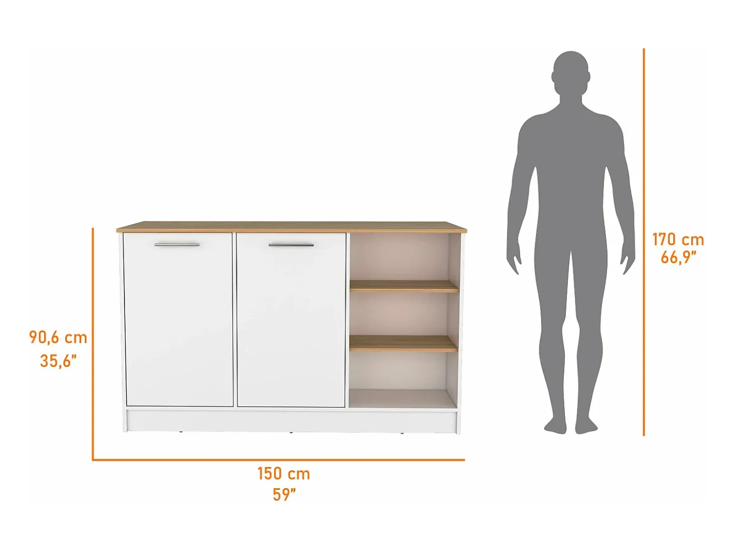 Ilha de cozinha Ginger em melamina com 7 prateleiras e 2 portas, multicolor, 90.6 cm X 150 cm X 67 cm