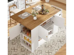 Ilha de cozinha moderna - 140 x 40 x 90 cm - com gavetas + prateleiras + portas - MDF + metal - branco