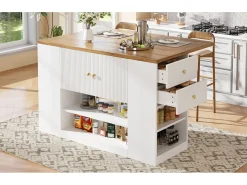 Ilha de cozinha moderna - 140 x 40 x 90 cm - com gavetas + prateleiras + portas - MDF + metal - branco