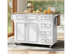 Ilha de cozinha moderna 130×45×92 cm - com 5 gavetas e 2 portas - bancada extensível - com rodas - branco