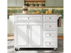 Ilha de cozinha moderna 130×45×92 cm - com 5 gavetas e 2 portas - bancada extensível - com rodas - branco