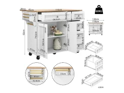 Ilha de cozinha moderna 130×45×92 cm - com 5 gavetas e 2 portas - bancada extensível - com rodas - branco