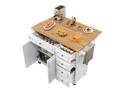 Ilha de cozinha moderna 130×45×92 cm - com 5 gavetas e 2 portas - bancada extensível - com rodas - branco