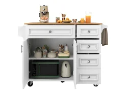 Ilha de cozinha moderna 130×45×92 cm - com 5 gavetas e 2 portas - bancada extensível - com rodas - branco