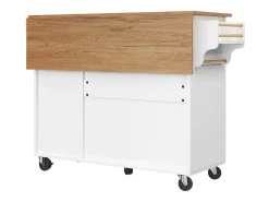 Ilha de cozinha moderna 130×45×92 cm - com 5 gavetas e 2 portas - bancada extensível - com rodas - branco