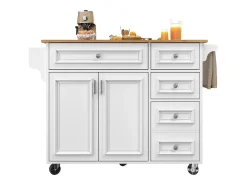 Ilha de cozinha moderna 130×45×92 cm - com 5 gavetas e 2 portas - bancada extensível - com rodas - branco