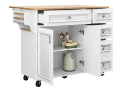 Ilha de cozinha moderna 130×45×92 cm - com 5 gavetas e 2 portas - bancada extensível - com rodas - branco