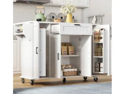 Ilha de cozinha móvel - bancada extensível - com porta-toalhas - com 1 gaveta e 4 portas - MDF - Branco