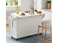 Ilha de cozinha móvel - bancada extensível - com porta-toalhas - com 1 gaveta e 4 portas - MDF - Branco