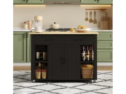 Ilha de cozinha móvel - bancada extensível - com USB e porta-toalhas - com 2 gavetas e 2 portas - MDF - Preto
