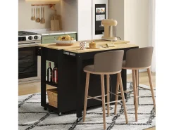 Ilha de cozinha móvel - bancada extensível - com USB e porta-toalhas - com 2 gavetas e 2 portas - MDF - Preto