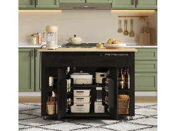 Ilha de cozinha móvel - bancada extensível - com USB e porta-toalhas - com 2 gavetas e 2 portas - MDF - Preto