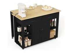 Ilha de cozinha móvel - bancada extensível - com USB e porta-toalhas - com 2 gavetas e 2 portas - MDF - Preto