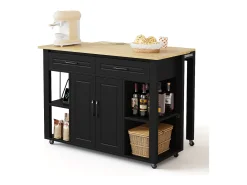 Ilha de cozinha móvel - bancada extensível - com USB e porta-toalhas - com 2 gavetas e 2 portas - MDF - Preto