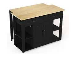Ilha de cozinha móvel - bancada extensível - com USB e porta-toalhas - com 2 gavetas e 2 portas - MDF - Preto