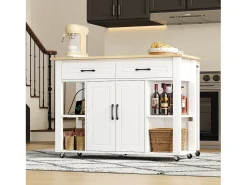 Ilha de cozinha móvel - bancada extensível - com USB e porta-toalhas - com 2 gavetas e 2 portas - MDF - Branco