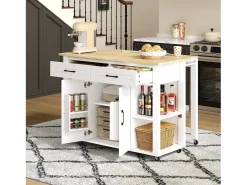 Ilha de cozinha móvel - bancada extensível - com USB e porta-toalhas - com 2 gavetas e 2 portas - MDF - Branco