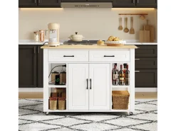 Ilha de cozinha móvel - bancada extensível - com USB e porta-toalhas - com 2 gavetas e 2 portas - MDF - Branco