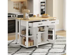 Ilha de cozinha móvel - bancada extensível - com USB e porta-toalhas - com 2 gavetas e 2 portas - MDF - Branco