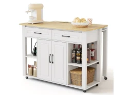 Ilha de cozinha móvel - bancada extensível - com USB e porta-toalhas - com 2 gavetas e 2 portas - MDF - Branco