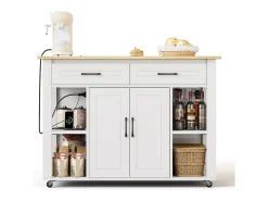 Ilha de cozinha móvel - bancada extensível - com USB e porta-toalhas - com 2 gavetas e 2 portas - MDF - Branco