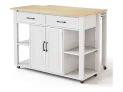 Ilha de cozinha móvel - bancada extensível - com USB e porta-toalhas - com 2 gavetas e 2 portas - MDF - Branco