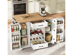 Ilha de cozinha móvel - bancada extensível - com adega de vinho e porta-toalhas - com 2 gavetas e 2 portas - MDF - Branco