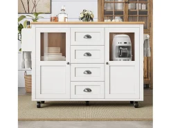 Ilha de cozinha móvel 137,9×73×92,5 cm - 4 gavetas e 2 portas - tampo extensível - branco