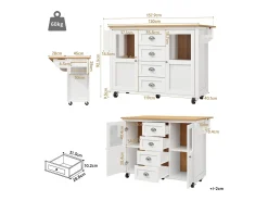Ilha de cozinha móvel 137,9×73×92,5 cm - 4 gavetas e 2 portas - tampo extensível - branco