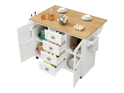 Ilha de cozinha móvel 137,9×73×92,5 cm - 4 gavetas e 2 portas - tampo extensível - branco