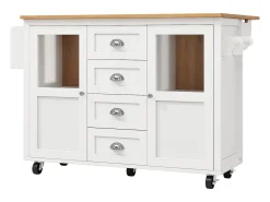 Ilha de cozinha móvel 137,9×73×92,5 cm - 4 gavetas e 2 portas - tampo extensível - branco