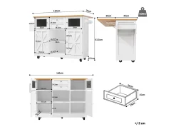 Ilha de cozinha móvel 140×70×93,5 cm - 2 gavetas e 4 portas - tampo extensível - prateleiras ajustáveis - branco