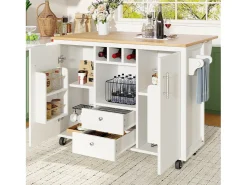 Ilha de cozinha móvel 137,9×73×92,5 cm - 2 gavetas e 2 portas - tampo extensível - branco