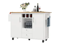 Ilha de cozinha móvel 137,9×73×92,5 cm - 2 gavetas e 2 portas - tampo extensível - branco