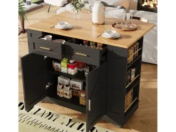 Ilha de cozinha móvel - tampo extensível - 2 gavetas e 2 portas - com prateleiras abertas - MDF - preto + natural