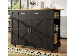 Ilha de cozinha móvel - tampo extensível - 2 gavetas e 2 portas - com prateleiras abertas - MDF - preto + natural