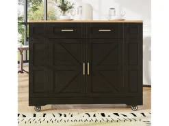 Ilha de cozinha móvel - tampo extensível - 2 gavetas e 2 portas - com prateleiras abertas - MDF - preto + natural