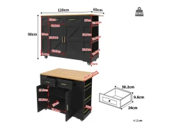 Ilha de cozinha móvel - tampo extensível - 2 gavetas e 2 portas - com prateleiras abertas - MDF - preto + natural