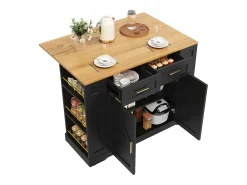 Ilha de cozinha móvel - tampo extensível - 2 gavetas e 2 portas - com prateleiras abertas - MDF - preto + natural