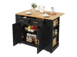 Ilha de cozinha móvel - tampo extensível - 2 gavetas e 2 portas - com prateleiras abertas - MDF - preto + natural