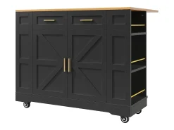 Ilha de cozinha móvel - tampo extensível - 2 gavetas e 2 portas - com prateleiras abertas - MDF - preto + natural
