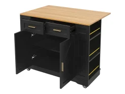 Ilha de cozinha móvel - tampo extensível - 2 gavetas e 2 portas - com prateleiras abertas - MDF - preto + natural