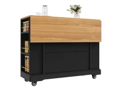 Ilha de cozinha móvel - tampo extensível - 2 gavetas e 2 portas - com prateleiras abertas - MDF - preto + natural
