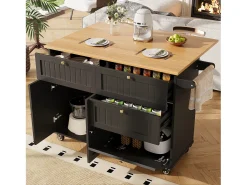 Ilha de cozinha móvel - tampo extensível - 3 gavetas e 2 portas - 1 porta basculante - com suporte para toalhas - MDF - preto + natural
