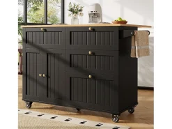 Ilha de cozinha móvel - tampo extensível - 3 gavetas e 2 portas - 1 porta basculante - com suporte para toalhas - MDF - preto + natural
