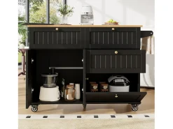 Ilha de cozinha móvel - tampo extensível - 3 gavetas e 2 portas - 1 porta basculante - com suporte para toalhas - MDF - preto + natural
