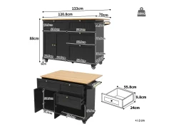Ilha de cozinha móvel - tampo extensível - 3 gavetas e 2 portas - 1 porta basculante - com suporte para toalhas - MDF - preto + natural