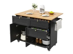 Ilha de cozinha móvel - tampo extensível - 3 gavetas e 2 portas - 1 porta basculante - com suporte para toalhas - MDF - preto + natural